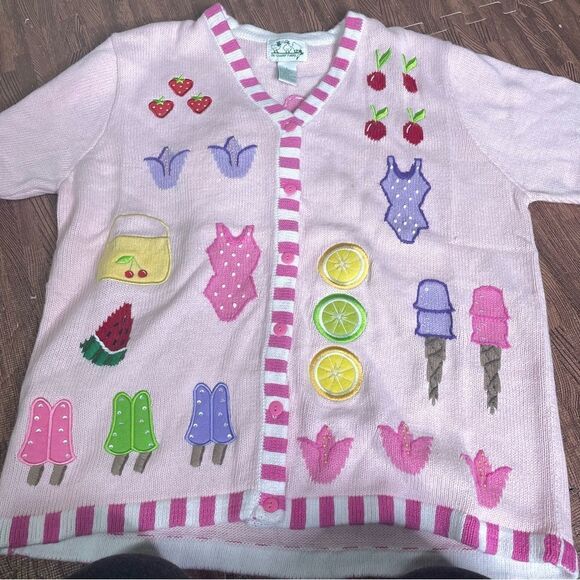 Quacker Factory Summer Days Strawberries Cherry Ice Cream Cardigan L - Picture 3 of 8